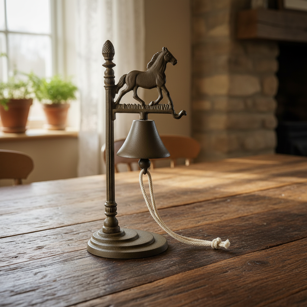 Vintage Cast Iron Horse Dining Bell — antique cinnamon finish on rustic timber table — farmhouse tabletop decor handbell