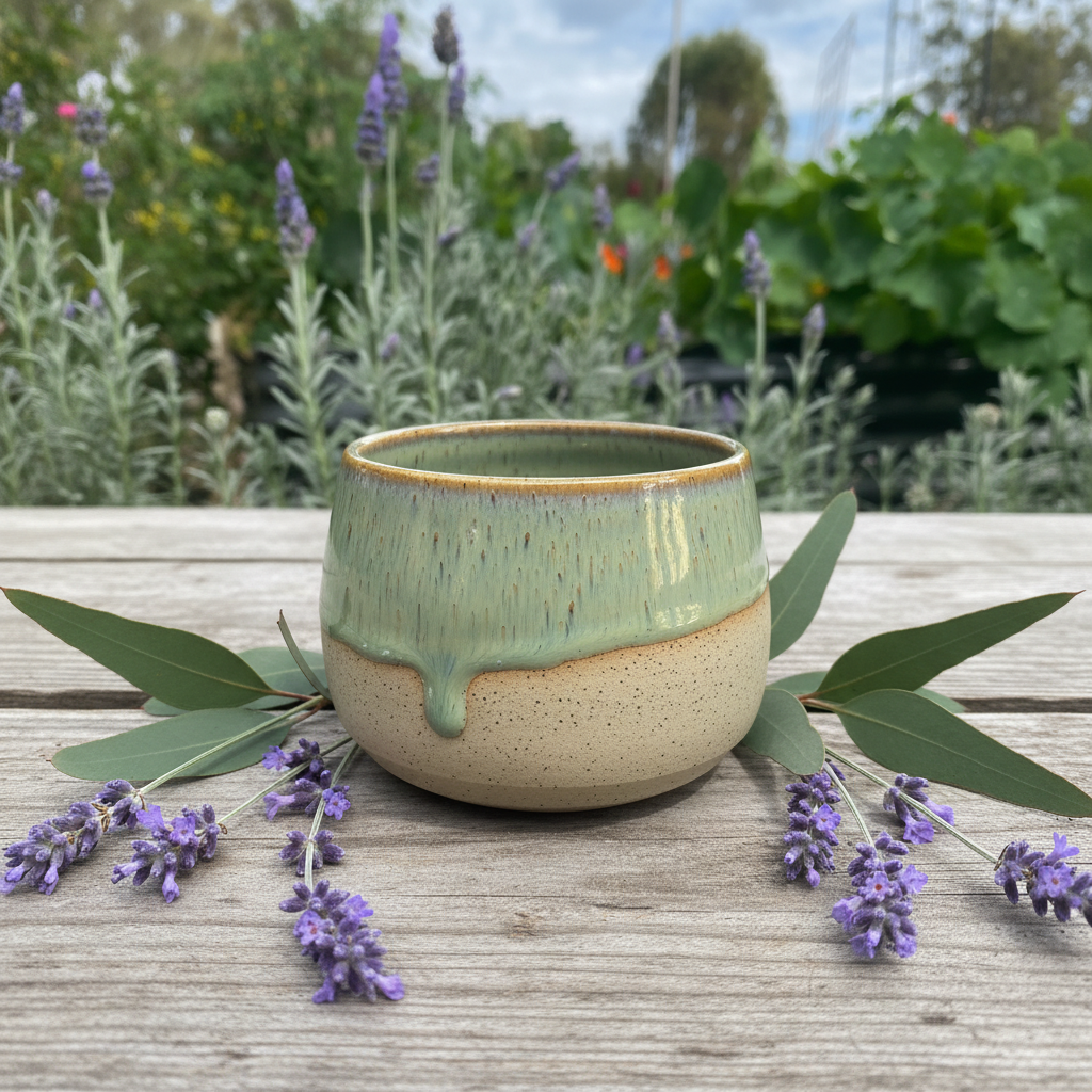 Handmade Green Sage Ceramic Mug Cup — styled with lavender — Australian Made