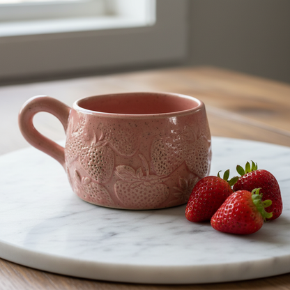 Handmade Pink Strawberry Ceramic Mug — Lifestyle — Australian Made by Wolf and Clay