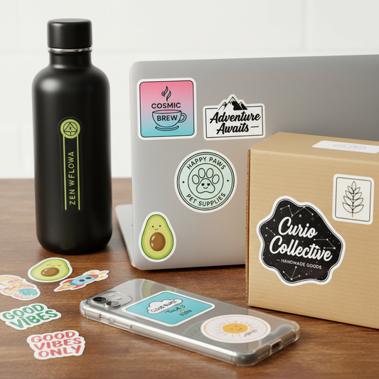Custom printed vinyl stickers applied to laptop, water bottle, packaging and phone case — lifestyle