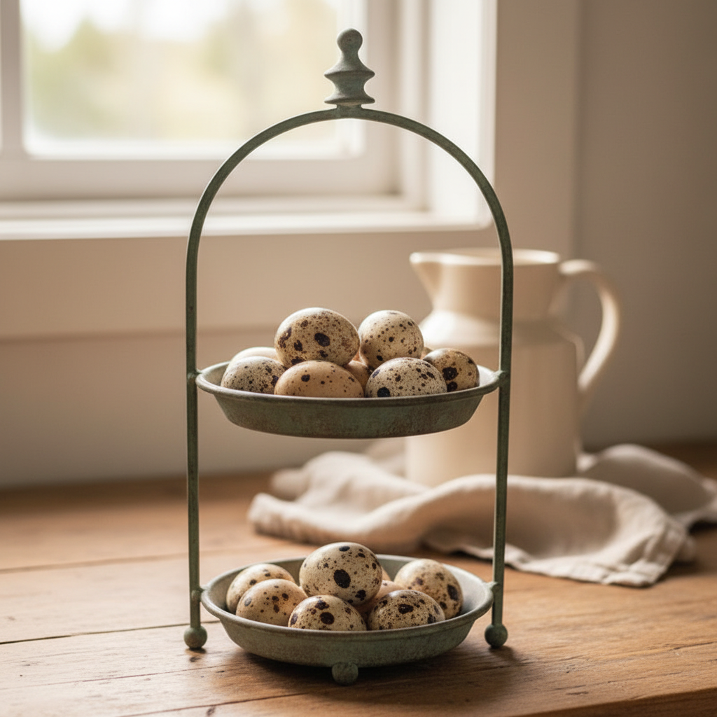 Verdigris two-tier stand displaying fresh speckled eggs on both tiers on a farmhouse kitchen bench — vintage metal egg display stand