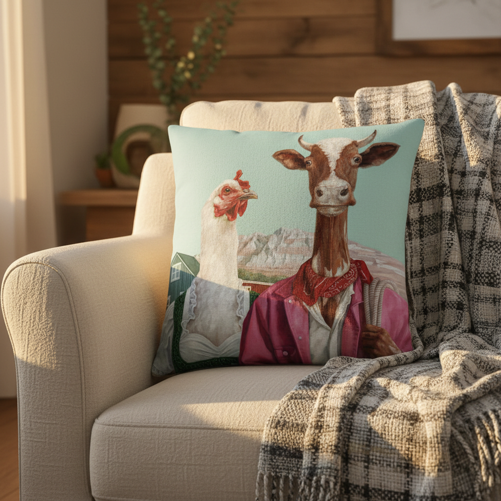 Cow and hen portrait cushion styled on a cream farmhouse sofa — funny farm animal cushion cover 45x45cm country decor