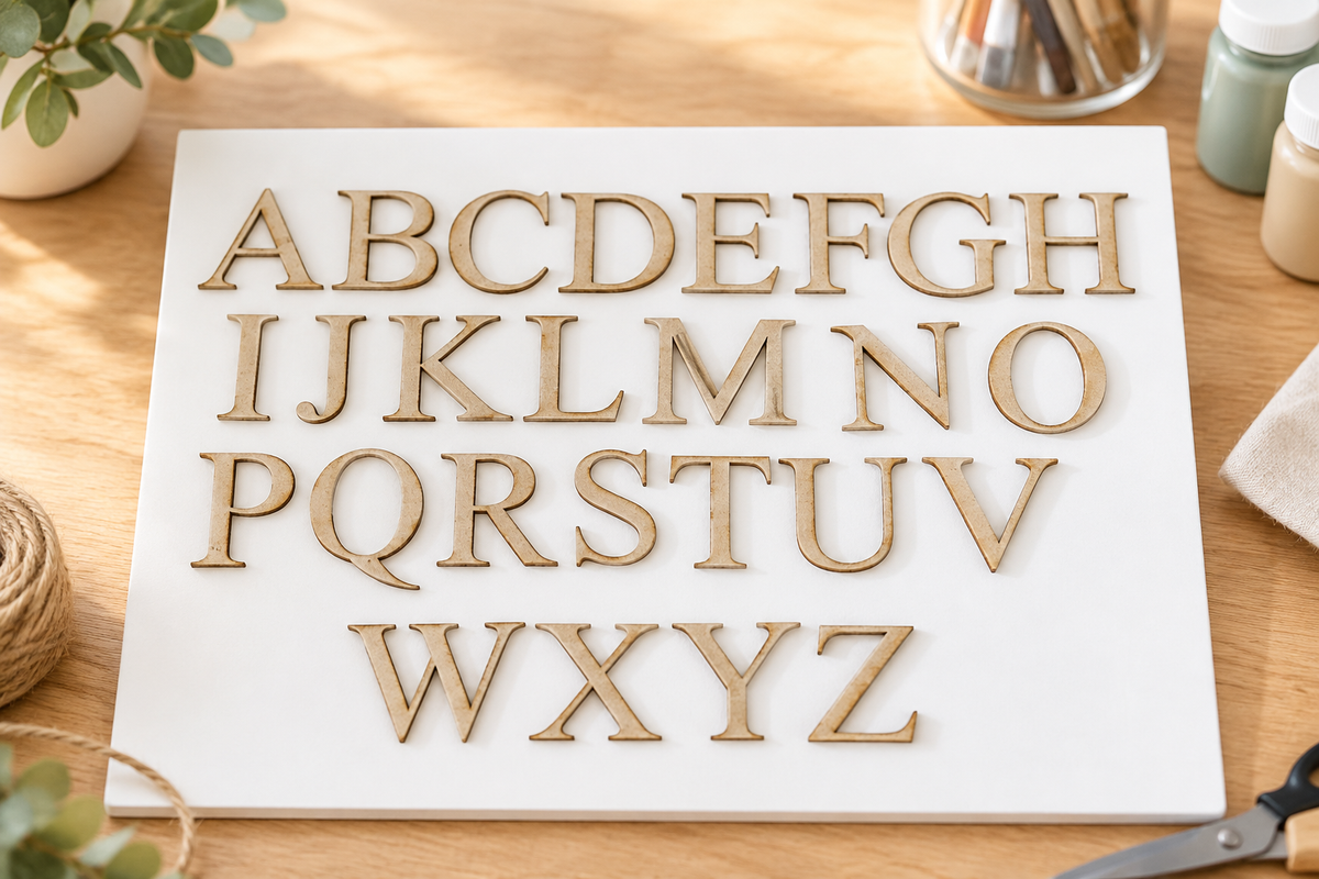 New Times Roman — raw MDF alphabet displayed on a craft table — personalised laser-cut MDF letters set of 10