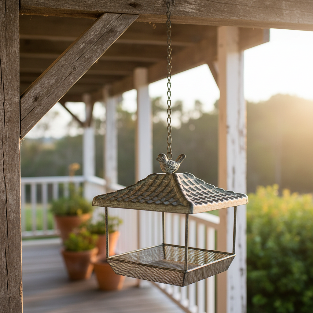 Distressed iron bird feeder hanging from a timber beam on a country veranda beside potted plants — patio bird feeder