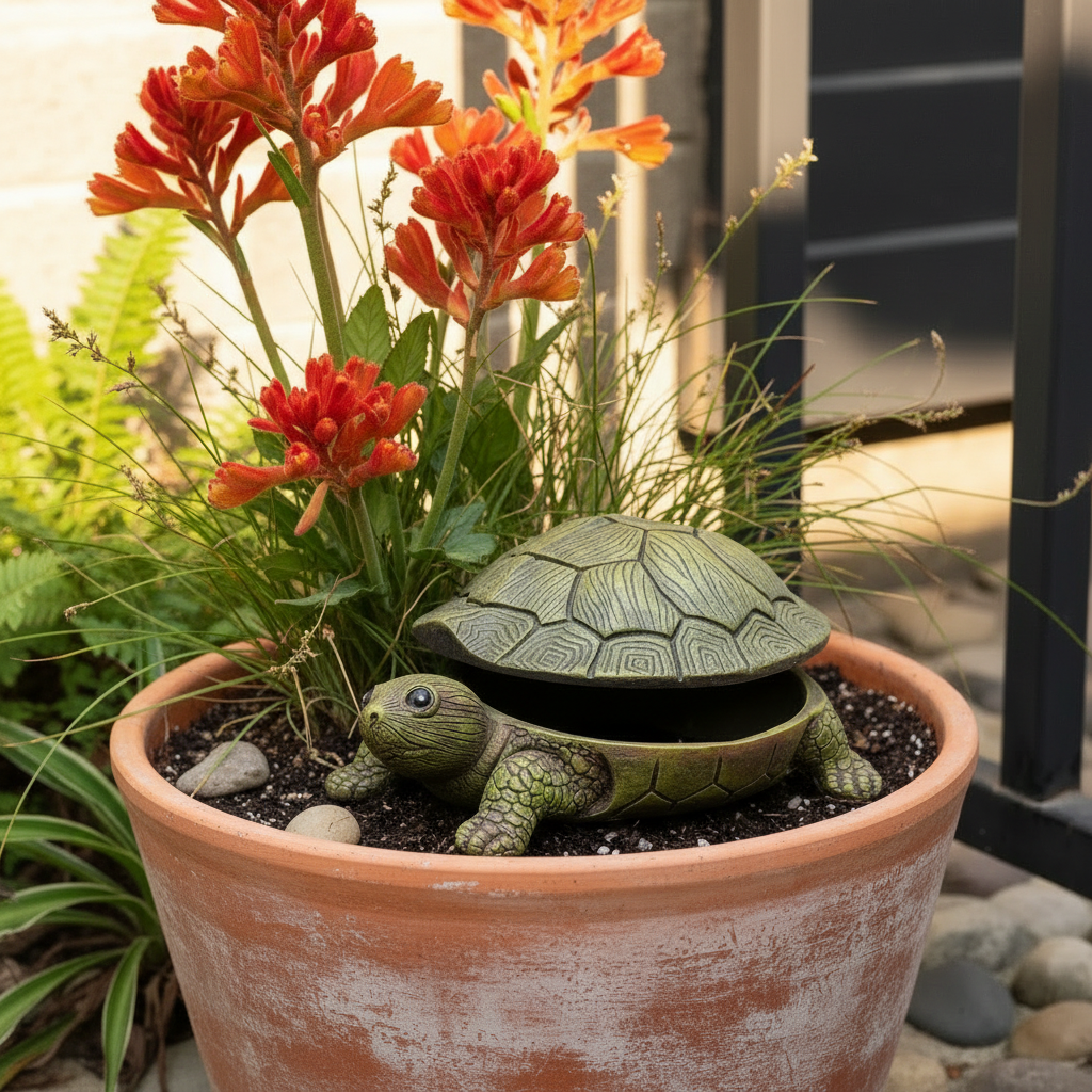 Turtle garden statue styled beside a front door step with pebbles and a potted fern — resin tortoise ornament key hider
