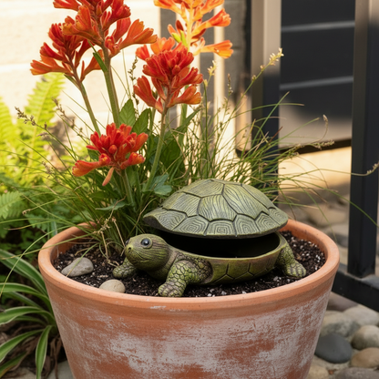 Turtle garden statue styled beside a front door step with pebbles and a potted fern — resin tortoise ornament key hider