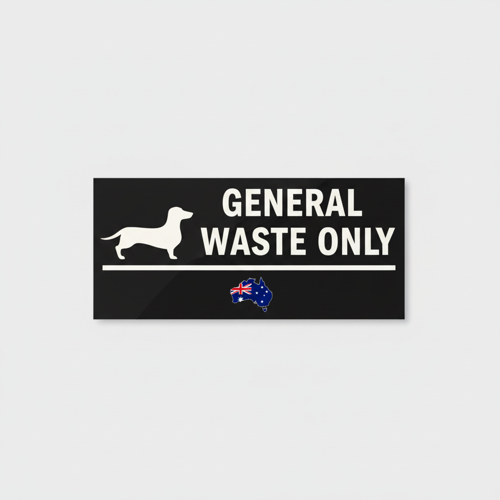 Black background white text — personalised General Waste Only sticker with Dachshund design — custom rubbish bin sticker, Aussie made
