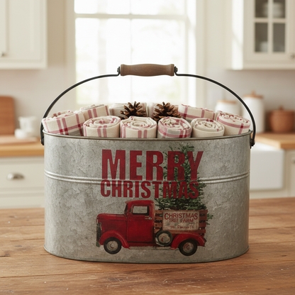 Vintage Christmas truck bucket used as storage on a farmhouse kitchen bench with rolled tea towels — decorative metal tub