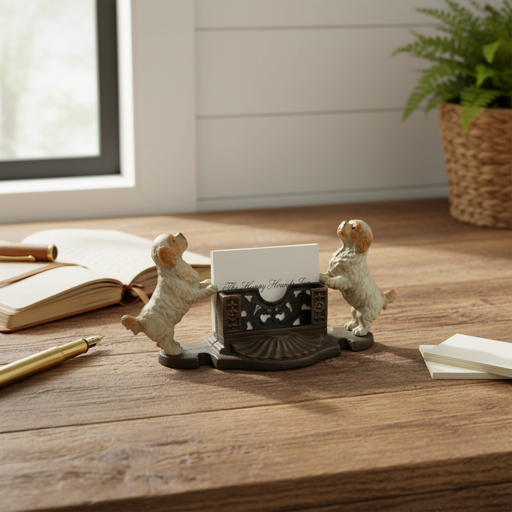 Cavalier King Charles Spaniel cast iron business card holder styled on a rustic timber home office desk with leather notebook and pen — vintage dog lover desk decor