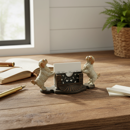Cavalier King Charles Spaniel cast iron business card holder styled on a rustic timber home office desk with leather notebook and pen — vintage dog lover desk decor