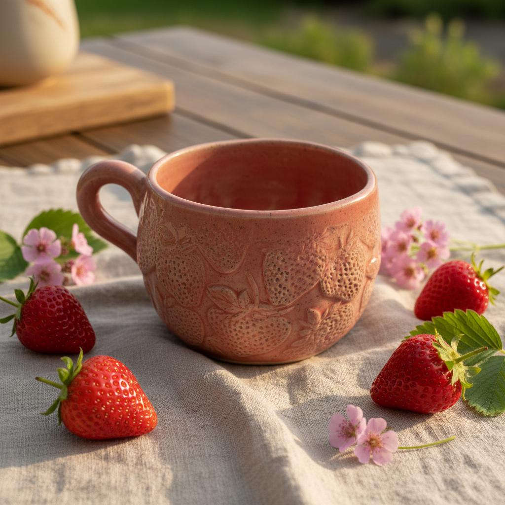 Handmade Pink Strawberry Ceramic Mug — Cottagecore Lifestyle — Australian Made by Wolf and Clay