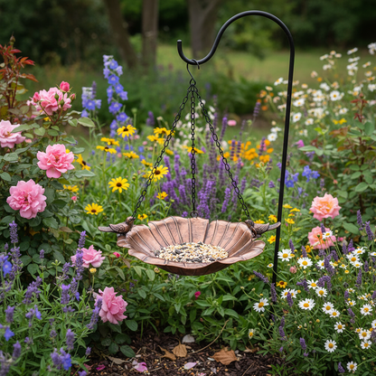 Hanging bird bath on a shepherd hook in a flowering cottage garden bed with seed in the dish — metal garden art