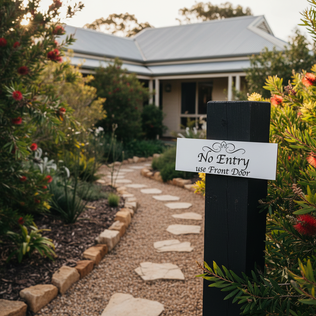 White No Entry use Front Door sign mounted on a garden entrance post beside a path — directional sign, outdoor entry sign, Australian made acrylic sign