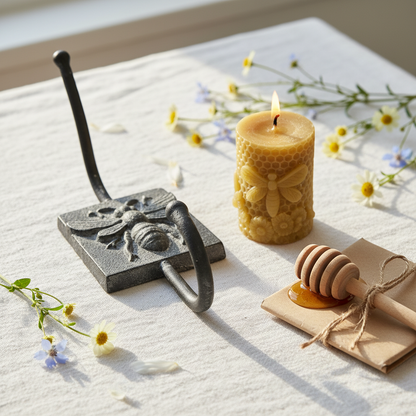Cast iron bee hook and lit beeswax candle gift set on white linen with honey dipper and wildflowers — cottagecore bee gift Australia