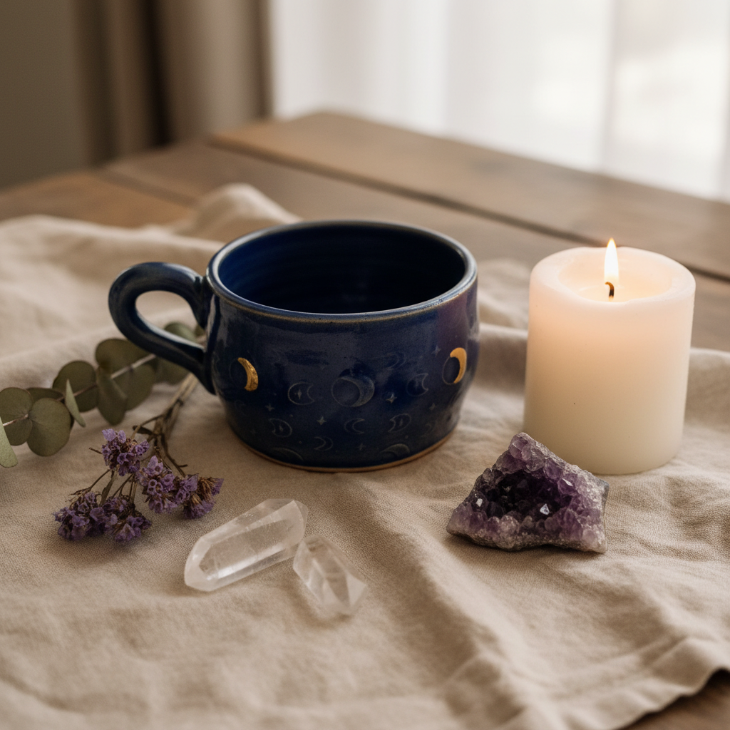 Handmade Blue & Gold Moon Phase Ceramic Mug — Boho Lifestyle — Australian Made by Wolf and Clay