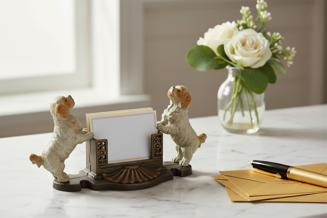 Cast iron Cavalier King Charles Spaniel business card holder displayed on a white marble desk in a boutique office setting — unique dog gift Australia