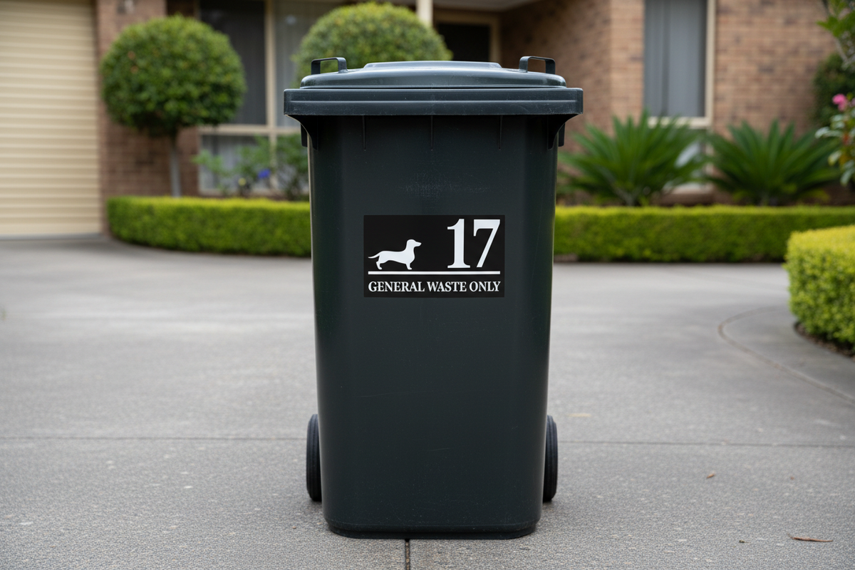 Black wheelie bin with black background white text Dachshund sticker reading General Waste Only — rubbish bin sticker applied outdoors, Aussie made