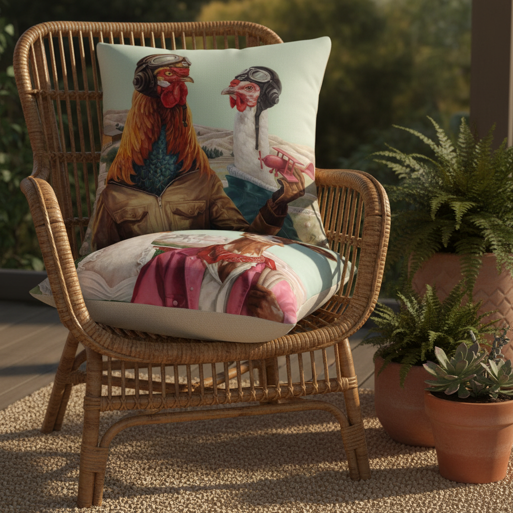 Two farm animal portrait cushions layered on a rattan verandah chair — country farmhouse cushion covers 45x45cm