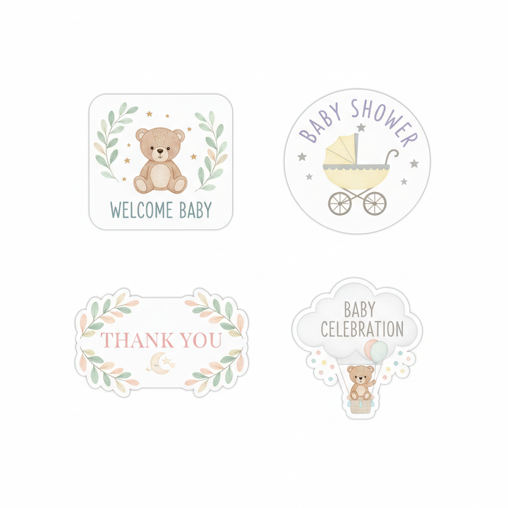 Square, round, rectangle and custom die-cut baby shower stickers on a plain white background — personalised christening and baby favour labels Australia