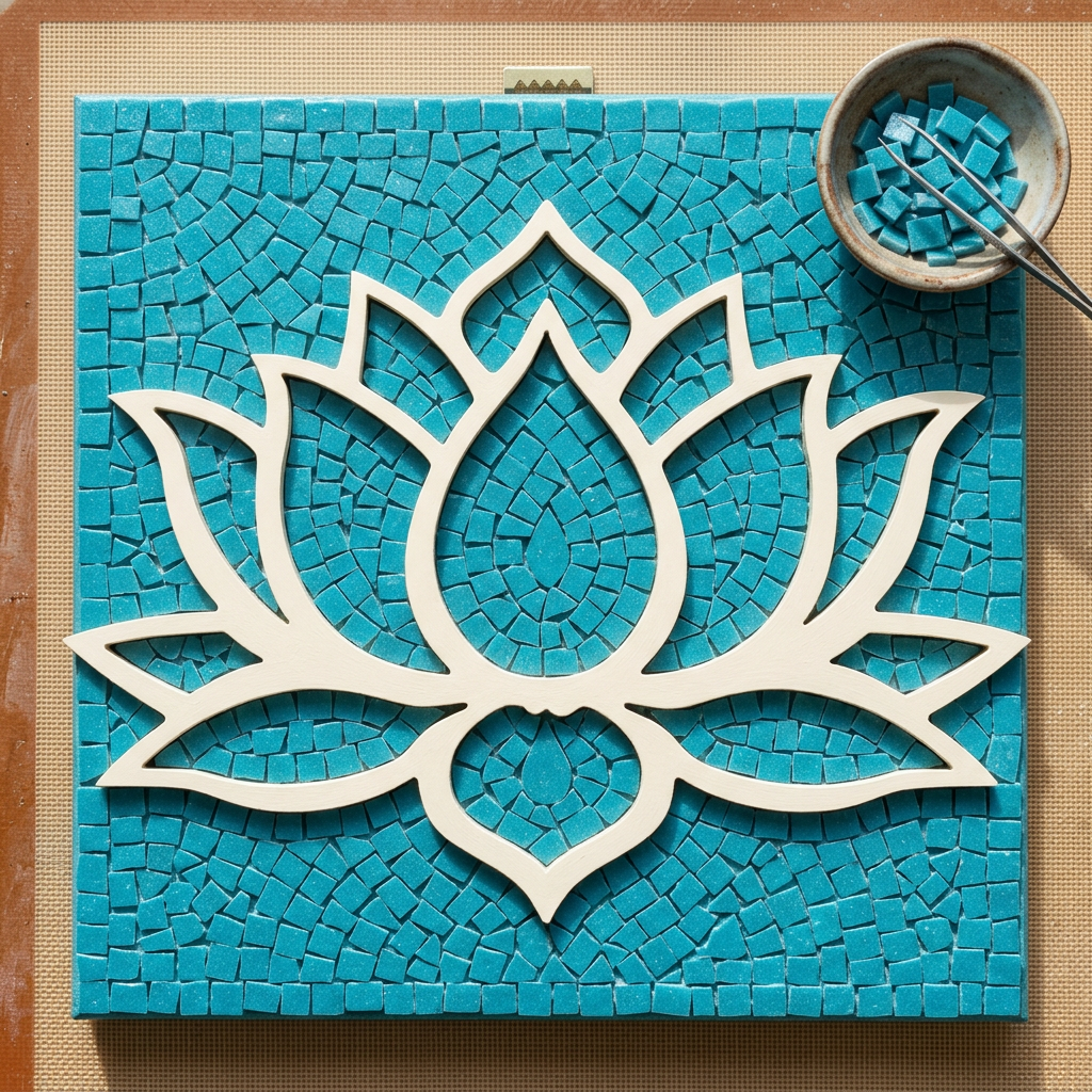 Ivory lotus on a turquoise mosaic backing board