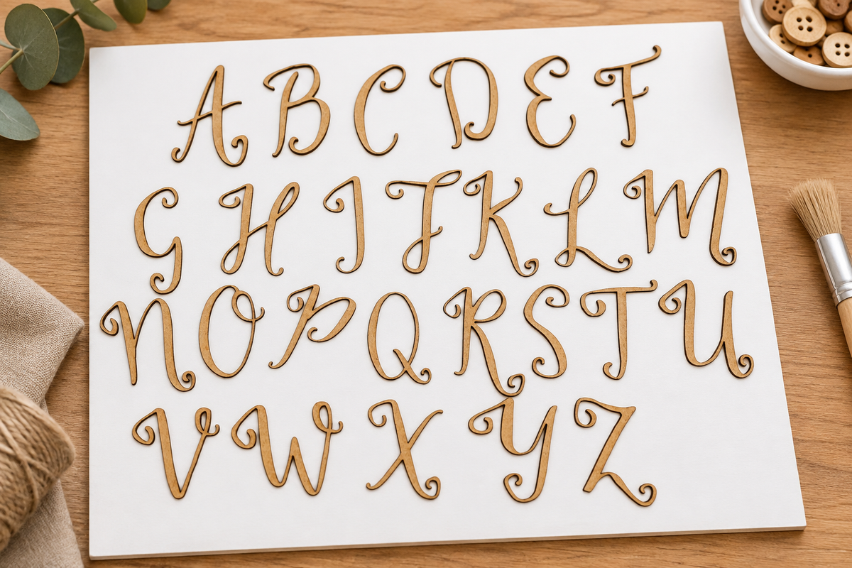 July Kissed MDF alphabet on a craft table