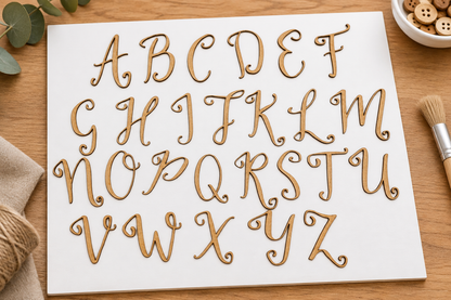 July Kissed MDF alphabet on a craft table