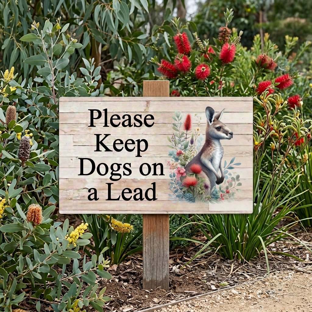 Kangaroo dogs-on-lead sign on a stake in an Australian native garden