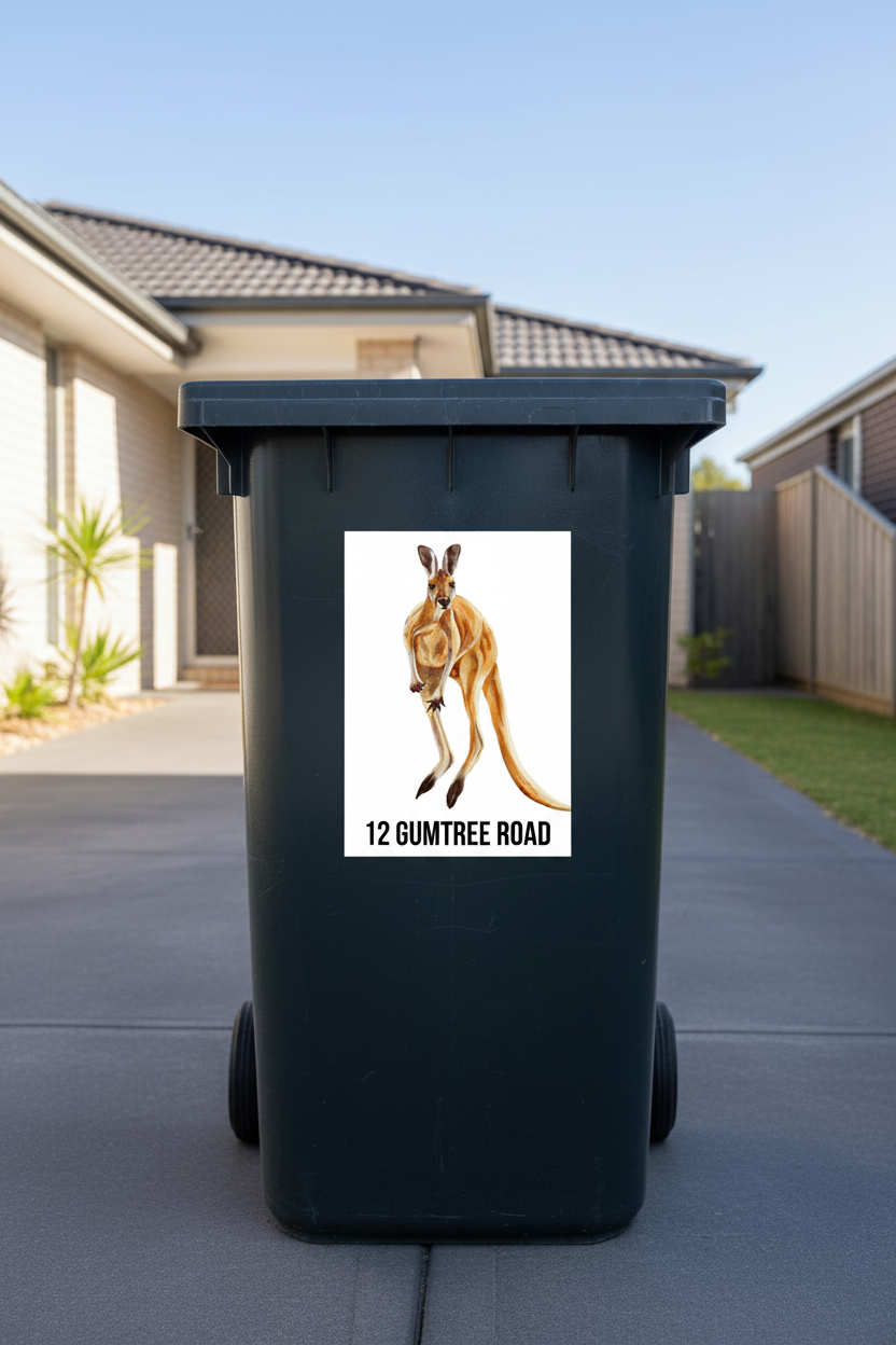Kangaroo personalised address sticker on a wheelie bin