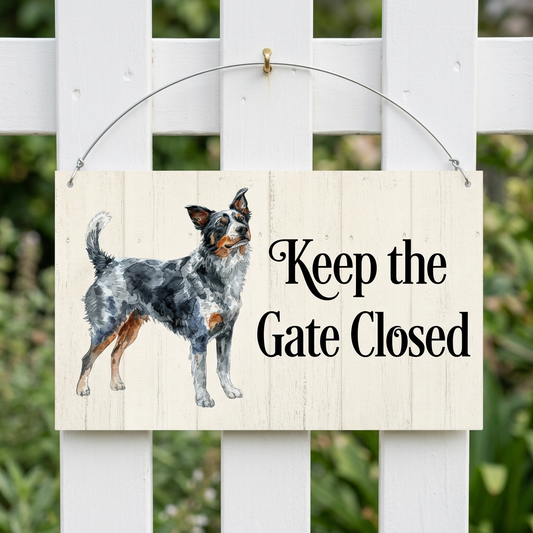 Keep the Gate Closed cattle dog sign on a garden gate
