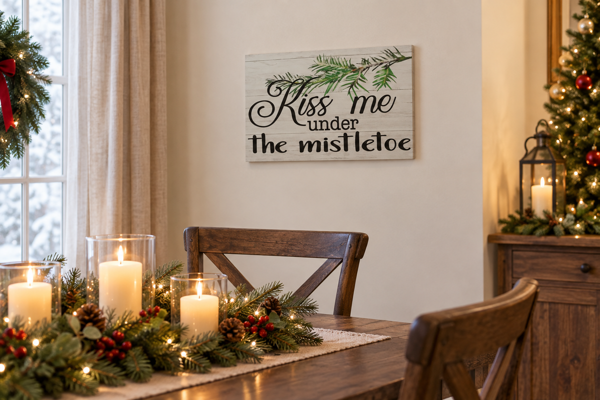Kiss Me Under the Mistletoe sign beside a festive dining table