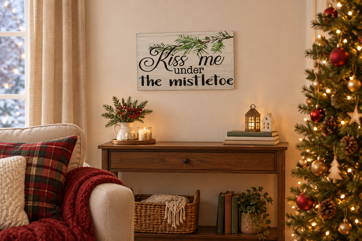 Kiss Me Under the Mistletoe sign in a Christmas living room