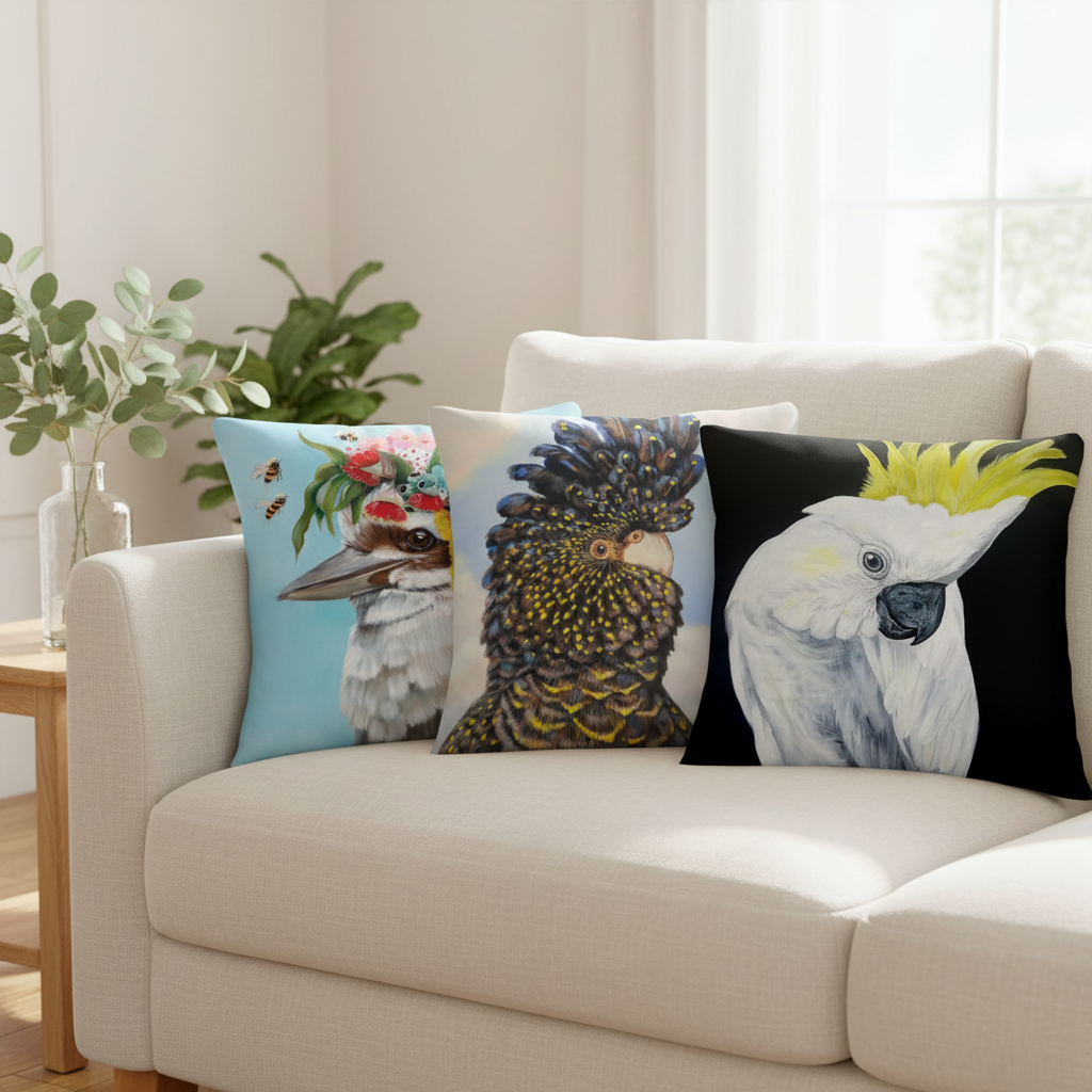 Kookaburra Black Cockatoo Sulphur-crested Cockatoo cushions — cream sofa