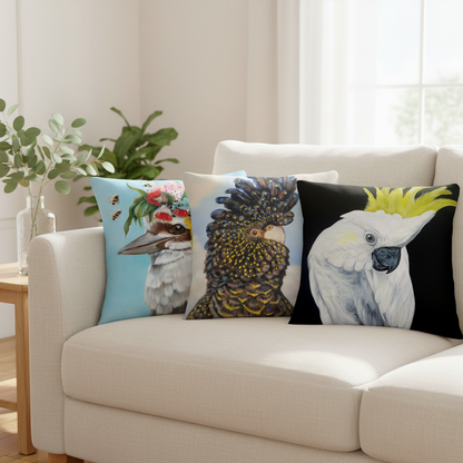 Kookaburra Black Cockatoo Sulphur-crested Cockatoo cushions — cream sofa