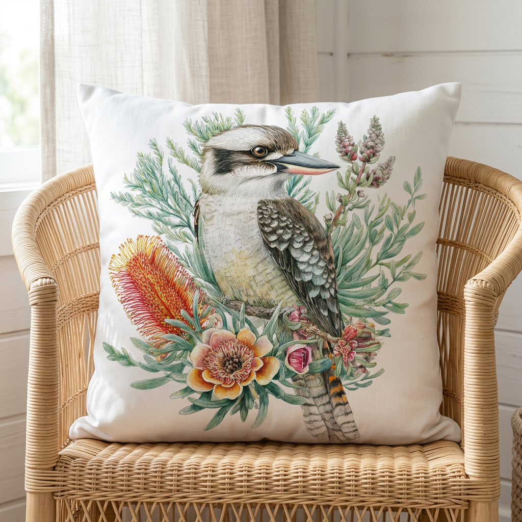 Kookaburra cushion in a coastal cottage
