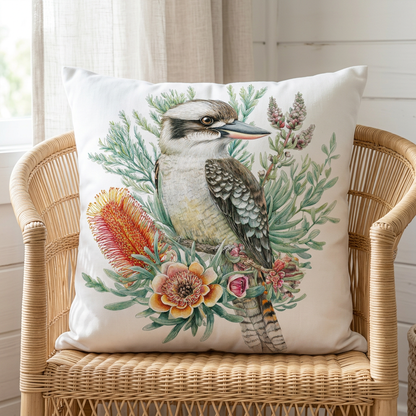Kookaburra cushion in a coastal cottage