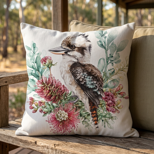 Kookaburra cushion on a bush cottage verandah