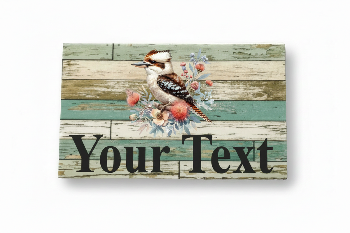 Kookaburra rustic blue timber sign mockup reading Your Text
