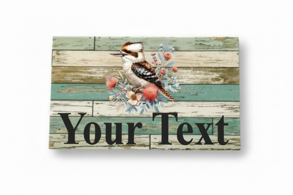 Kookaburra rustic blue timber sign mockup reading Your Text