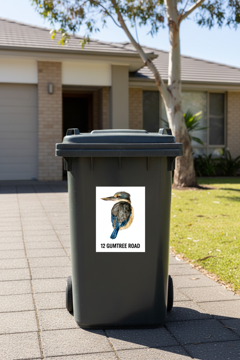 Kookaburra sticker with address text