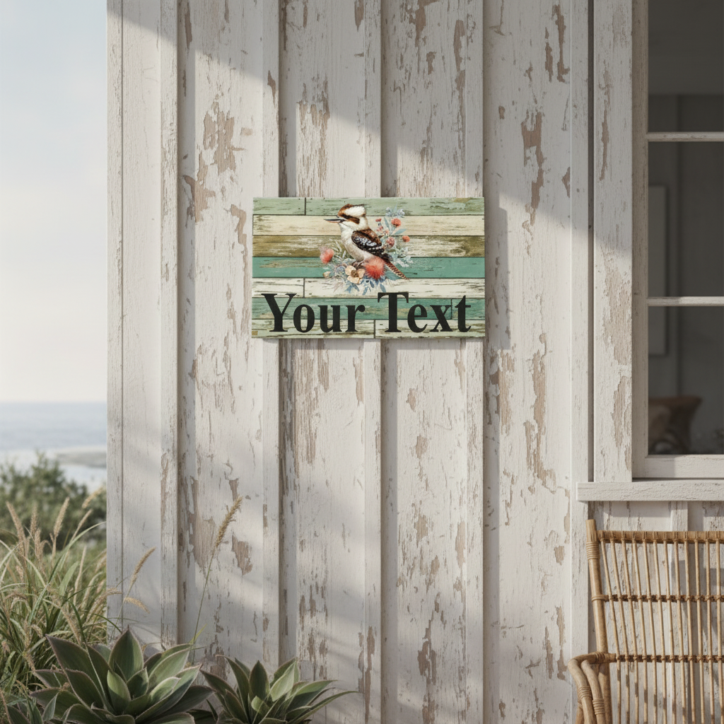 Kookaburra Your Text weathered timber sign on a weathered beach house porch wall