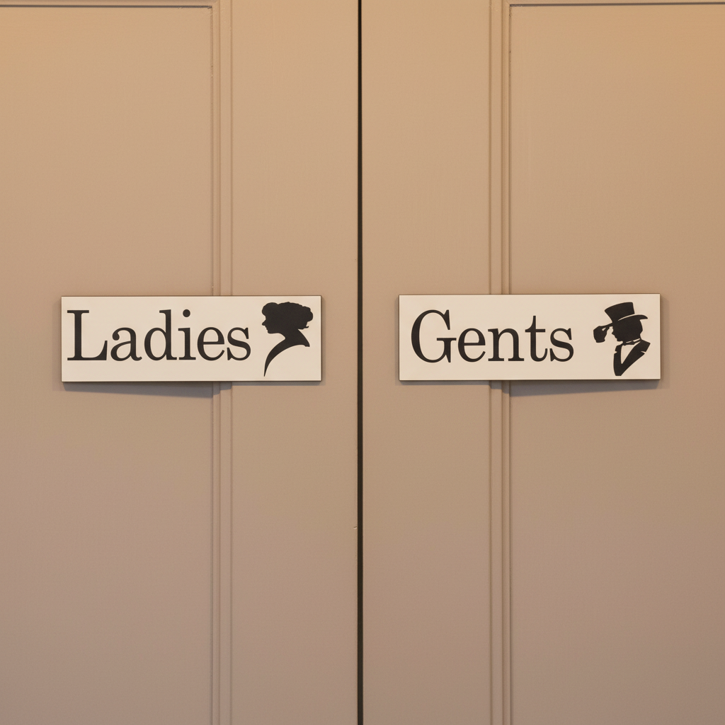 Ladies and Gents black and white signs on two closed beige doors