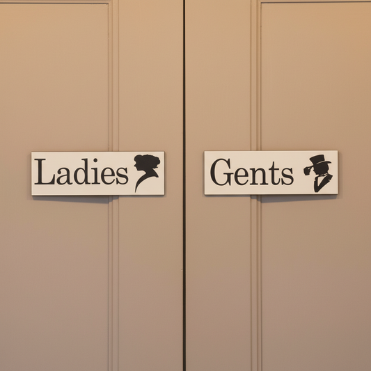 Ladies and Gents black and white signs on two closed beige doors