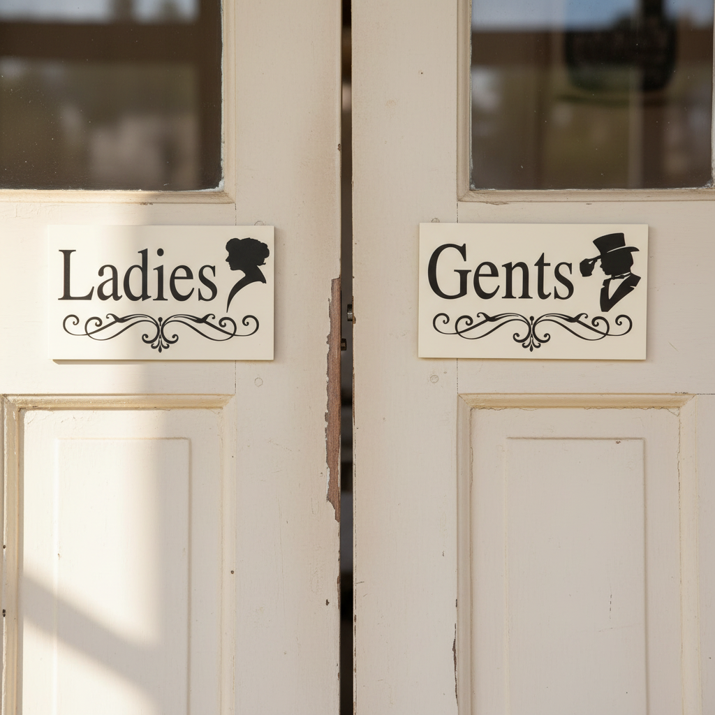 Ladies and Gents vintage cream signs on side-by-side cafe doors