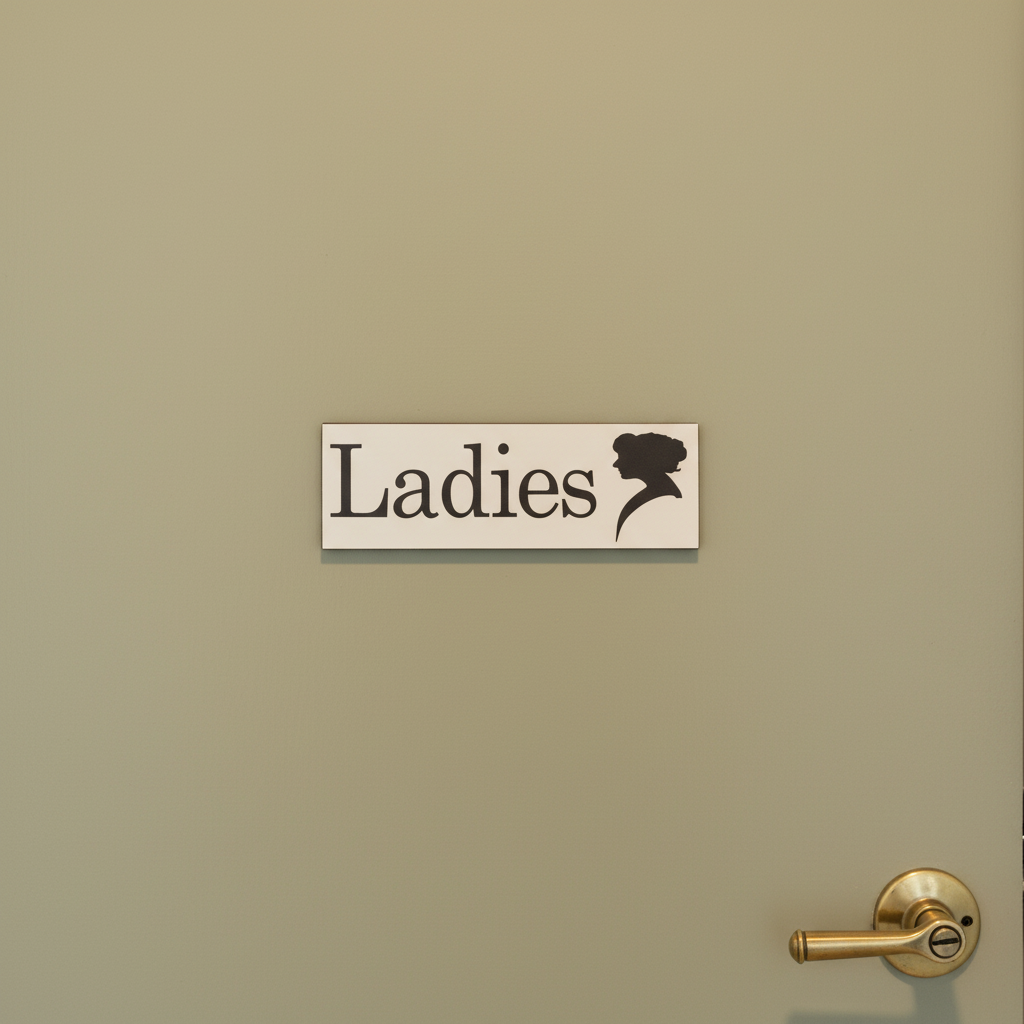 Ladies black and white sign with lady silhouette on a closed sage cafe door