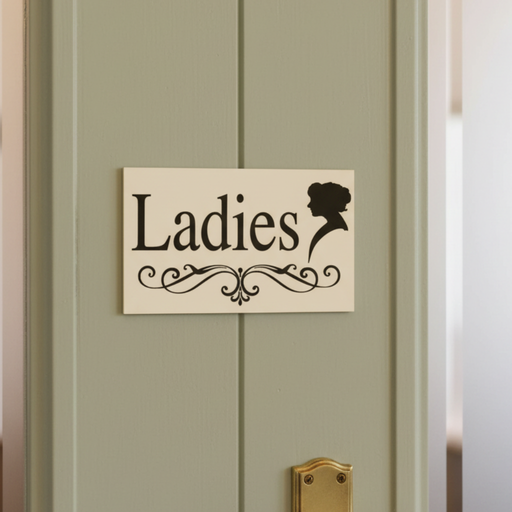 Ladies vintage cream sign on a sage painted cafe restroom door
