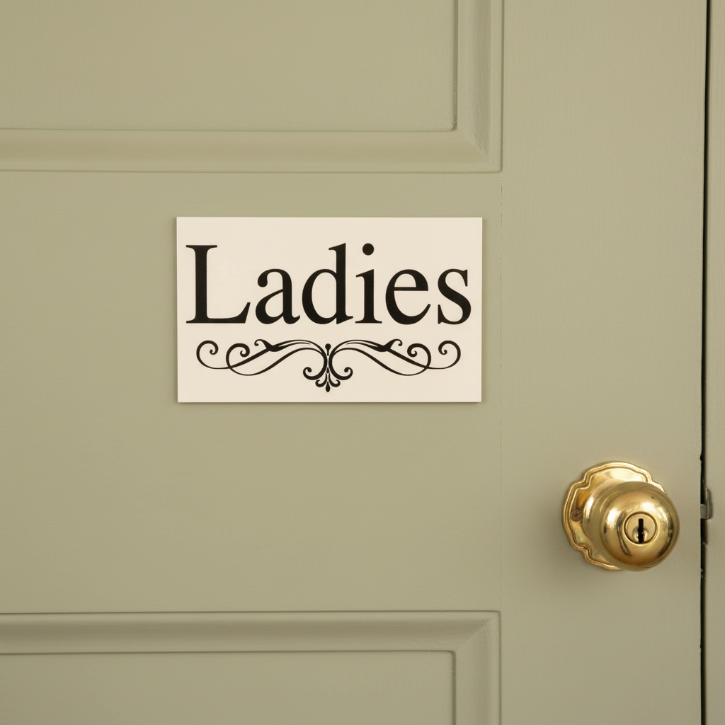 Ladies White Elegance cream sign on a sage painted cafe restroom door