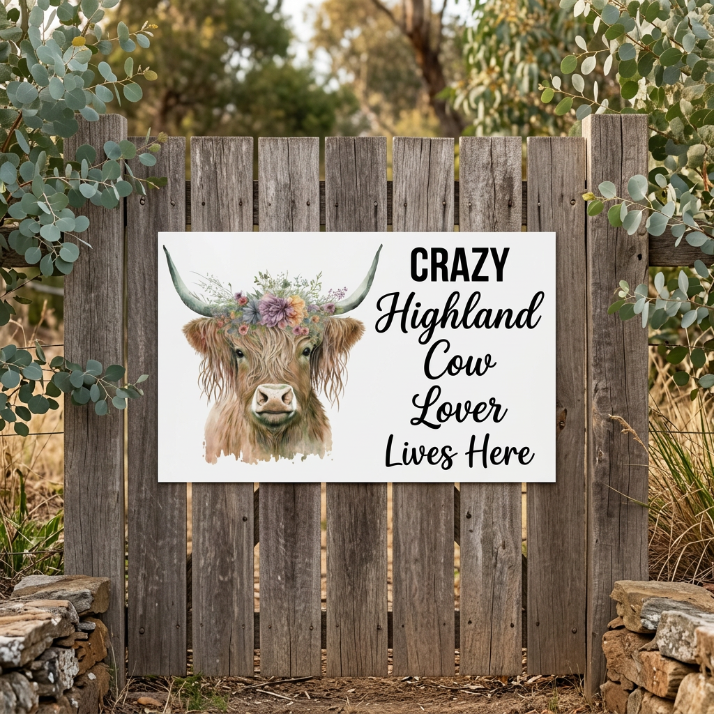 Large Highland cow sign on a country garden gate