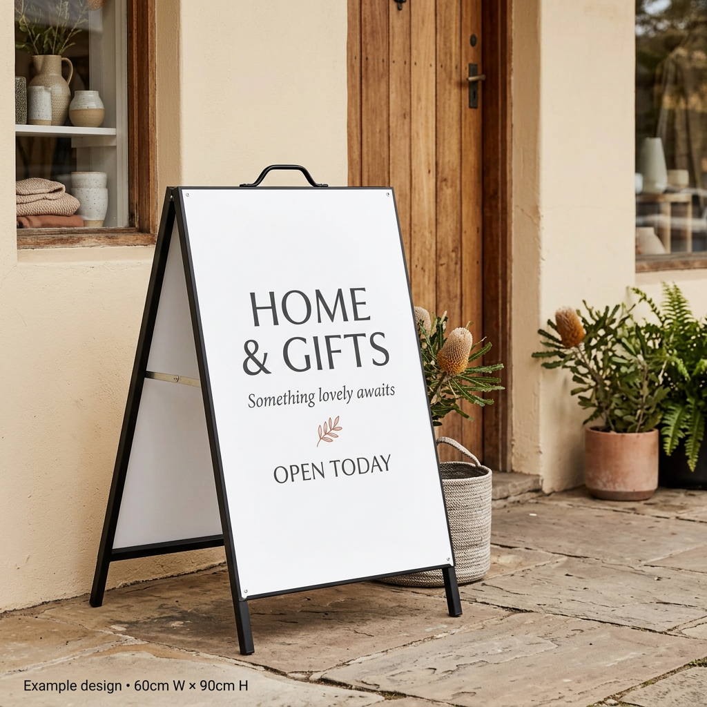 Large portrait A-frame with example homewares signage outside a boutique