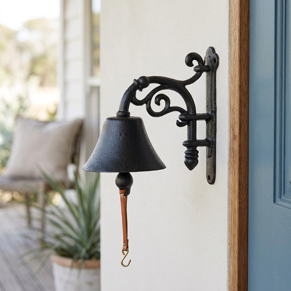Large scroll doorbell at a coastal cottage entrance
