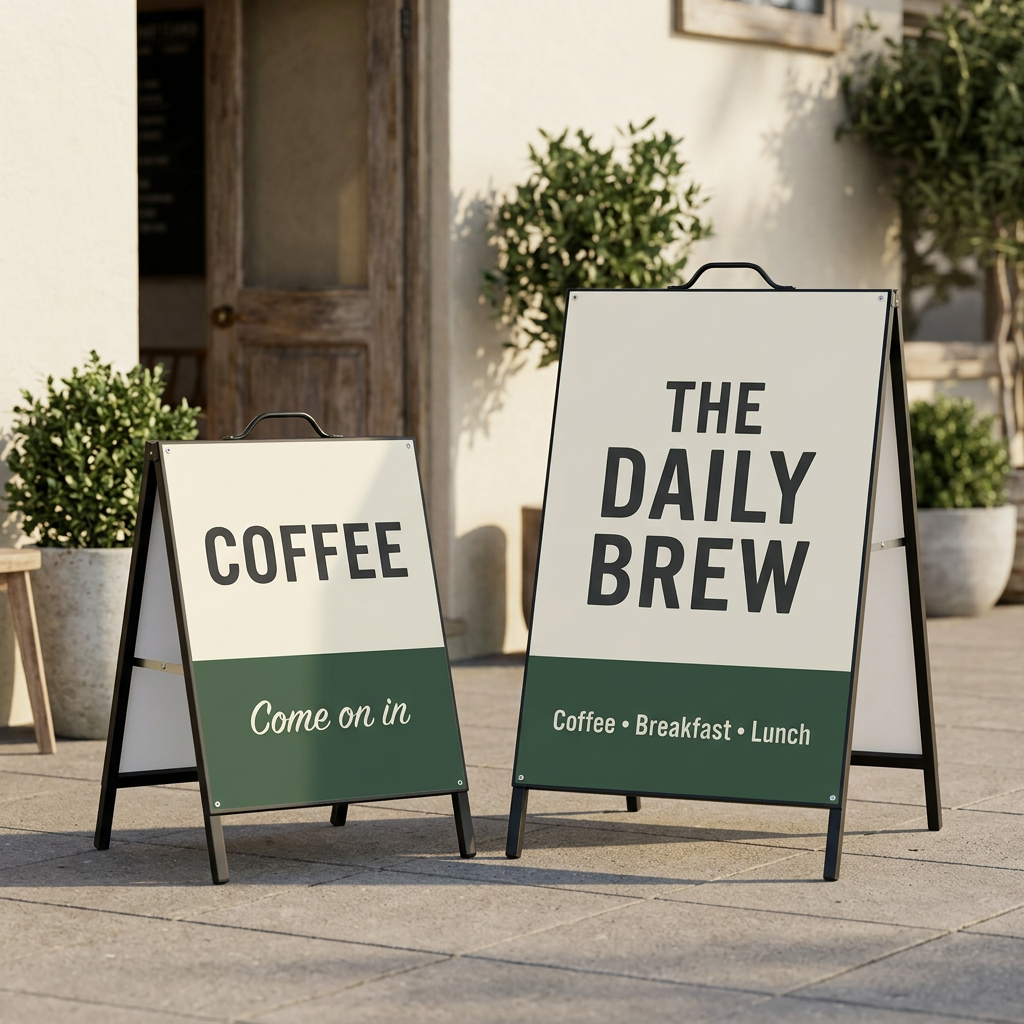 Lifestyle hero with both portrait A-frame sizes outside a café
